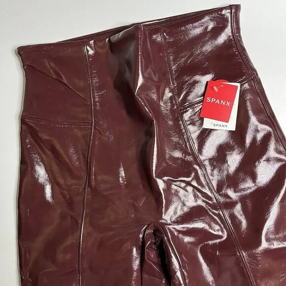 Spanx Ruby Dark Red Vegan Faux Patent Leather Leggings Pants NWT Womens Large - Picture 5 of 6